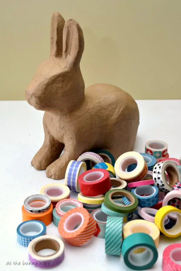 Make a cute patchwork bunny with washi tape and a paper mache bunny form! 