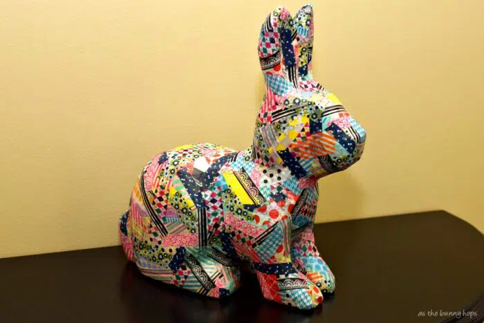 Make a cute patchwork bunny with washi tape and a paper mache bunny form!