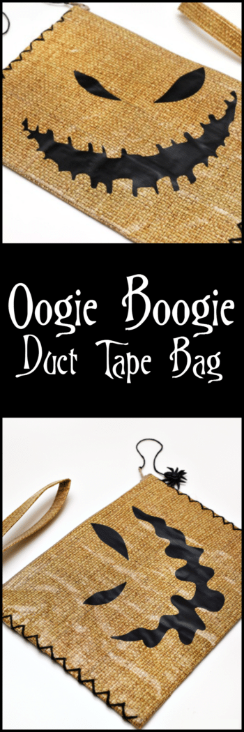 It's an easy to make Oogie Boogie inspired bag made from duct tape! It even has a spider zipper pull!