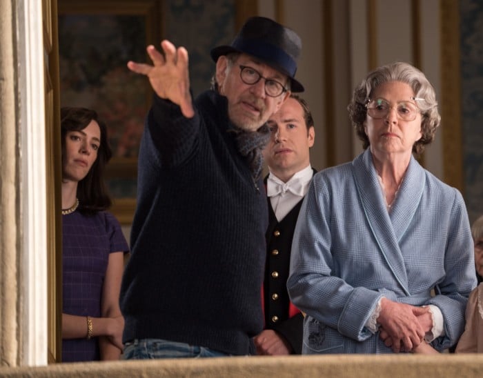Director Steven Spielberg, Penelope Wilton, Rafe Spall and Rebecca Hall on the set of Disney's THE BFG, based on the best-sellling book by Roald Dahl.