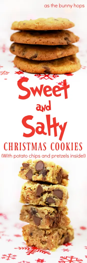 The best of both worlds combines with these Sweet and Salty Christmas Cookies! Yes, there are potato chips and pretzels inside! 