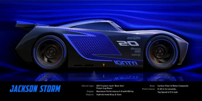 CARS 3 Jackson Storm (voice of Armie Hammer) Jackson Storm is fast, sleek and ready to race. A frontrunner in the next generation of racers, Storm’s quiet confidence and cocky demeanor are off-putting—but his unmatched speed threatens to redefine the sport. Trained on high-tech simulators that are programmed to perfect technique and maximize velocity, Jackson Storm is literally built to be unbeatable—and he knows it. ©2016 Disney•Pixar. All Rights Reserved.