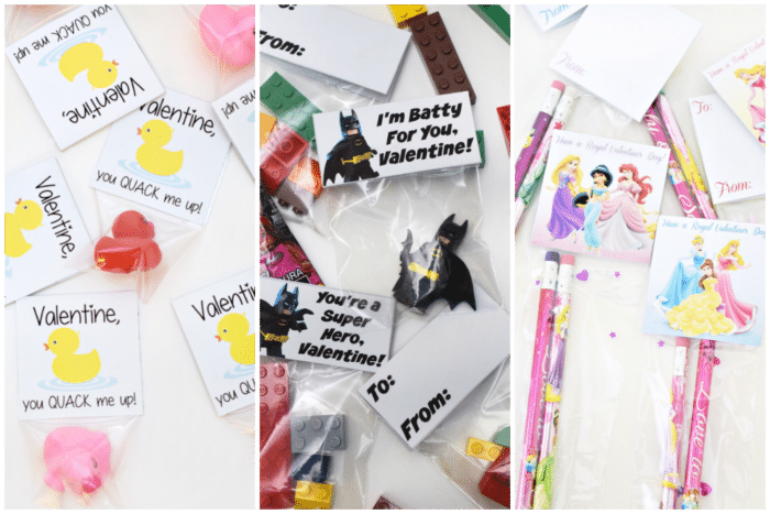 Even with Valentine's Day just around the corner, there's still time to make DIY classroom gifts with these printables! Includes Lego Batman, Disney Princess, rubber ducky and sticker ideas! 