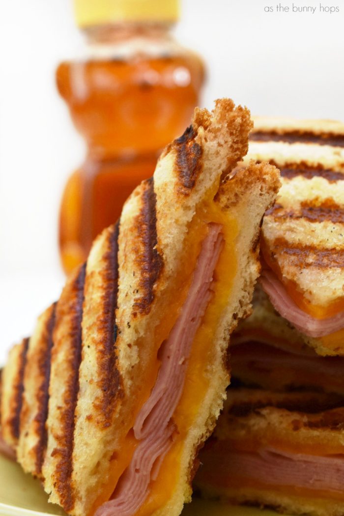 Ham and Honey Grilled Cheese quarters with Honey Bear. A ham and honey grilled cheese is a delicious twist to your favorite comfort food sandwich. Get the recipe at As The Bunny Hops!