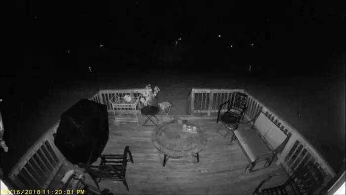 HomeHawk monochrome night view of back yard. Get 172 degrees of home monitoring with the easy to install Panasonic HomeHawk indoor-outdoor camera. 