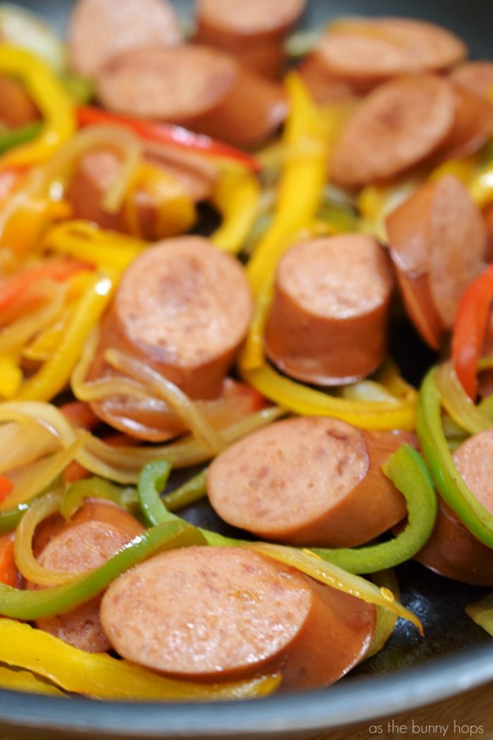 Sliced Smoked Sausage, Pepper and Onions in Skillet