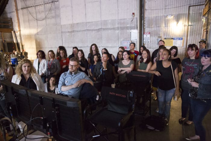 Bloggers watch filming on the set of Captain Marvel. 