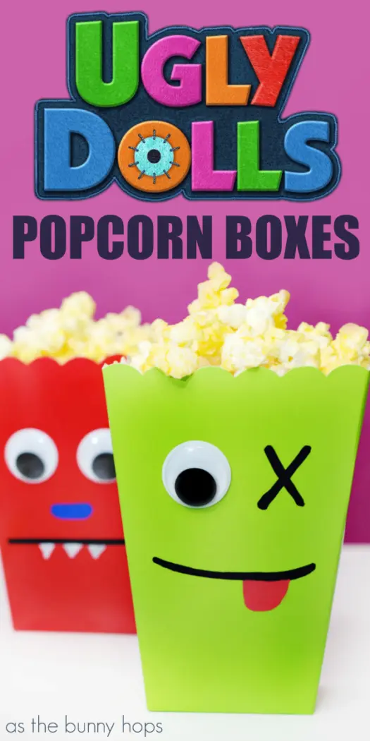 Get ready for an UglyDolls movie night at home by making these easy and fun DIY UglyDolls Popcorn Boxes! Get the instructions and lots more movie night inspiration at As The Bunny Hops!
