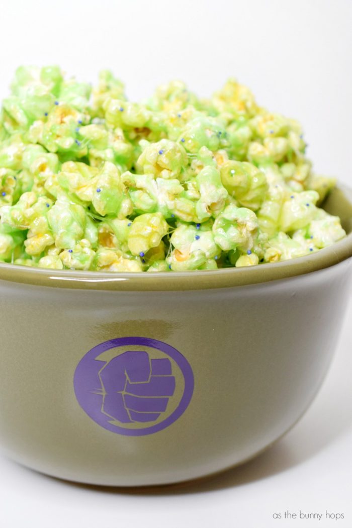 Get ready for an Avengers movie night with this easy and fun Incredible Hulk Candy Coated Popcorn recipe! Get the details and loves of Marvel movie night inspiration including more recipes and crafts at As The Bunny Hops!