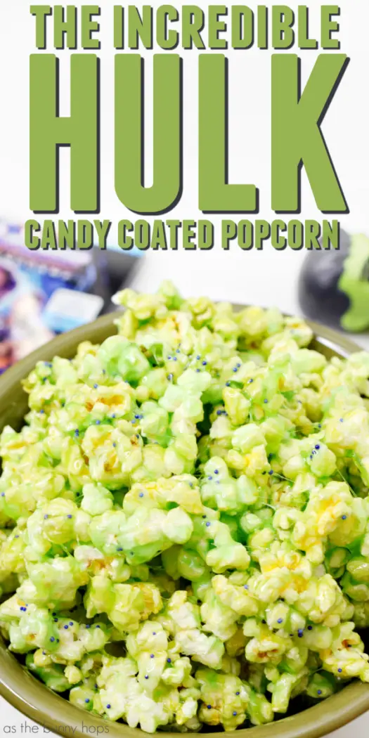 Get ready for an Avengers movie night with this easy and fun Incredible Hulk Candy Coated Popcorn recipe! Get the details and loves of Marvel movie night inspiration including more recipes and crafts at As The Bunny Hops!