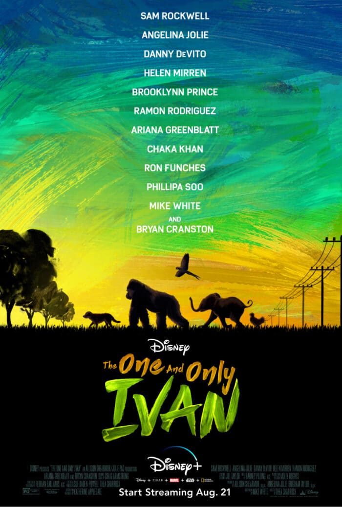 The One And Only Ivan Movie Poster
Animals are walking in silhouette across a hand painted sunset