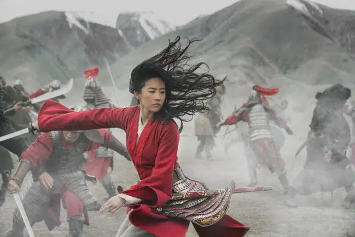 Mulan (Liu Yifei)in battle scene from film. 