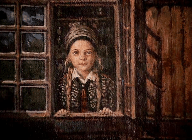 Oil painting with little girl in window in The Witches. 