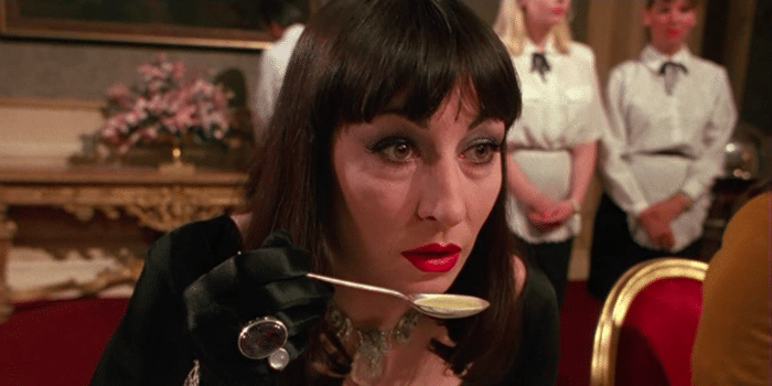 Anjelica Huston as the Grand High Witch eating soup in The Witches.  