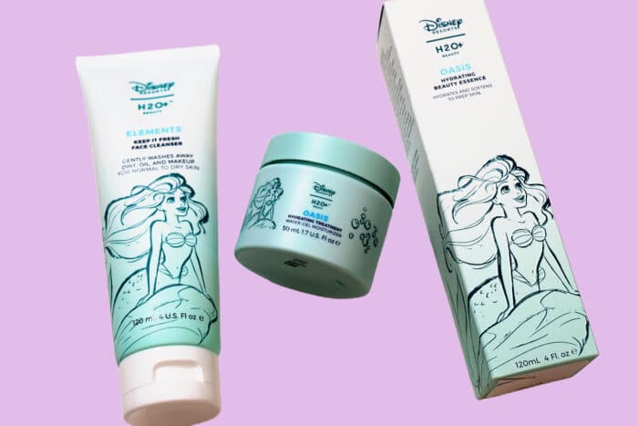 The Little Mermaid collection skincare products on light purple background. 