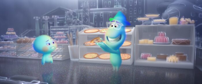 22 and Joe explore pizza in these scene from Pixar's Soul. 