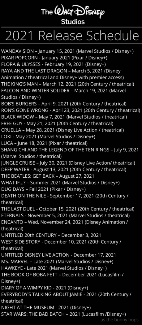 Here's a look at what we know so far about the 2021 Walt Disney Studios slate. Includes both films and series coming to theaters and Disney+ from Marvel, Pixar, Lucasfilms and Fox. 