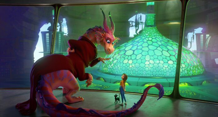 Still from Apple TV+'s film Luck featuring Babe the dragon and Sam. 