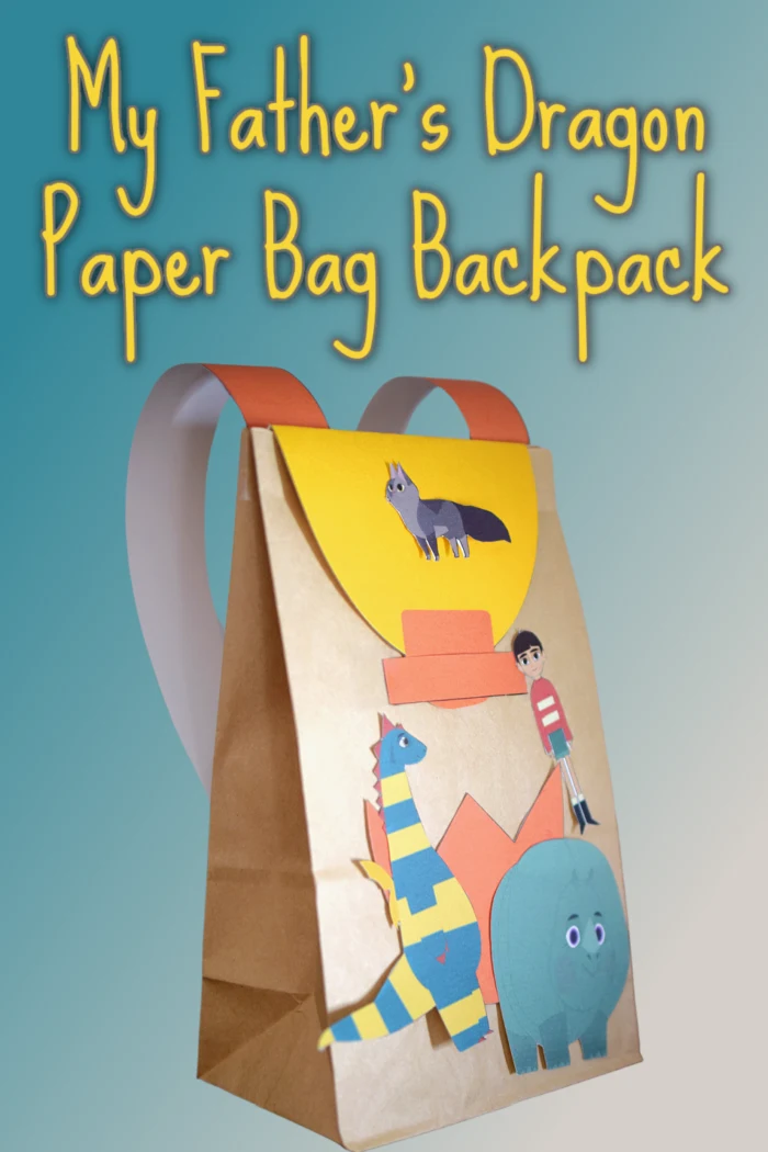 Make an adorable backpack out of a paper lunch bag with this printable featuring the characters from My Father's Dragon! 