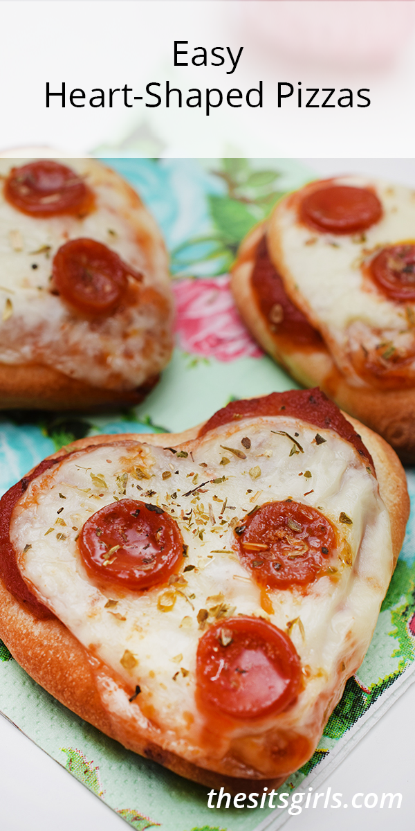 Heart shaped pizzas with pepperoni on top with the words Easy Heart-Shaped Pizzas.